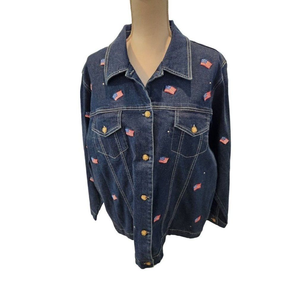 Vintage 90s Quacker Factory Navy Blue Demin Jacket USA Flag L American Patriotic